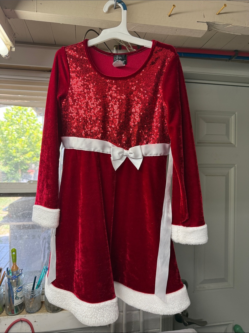 Girls' Red Velvet Sequin Holiday Dress with Satin Bow